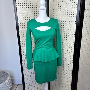 Vintage Bebe Green Y2K Long Sleeve Peplum Dress XS Retro Glam